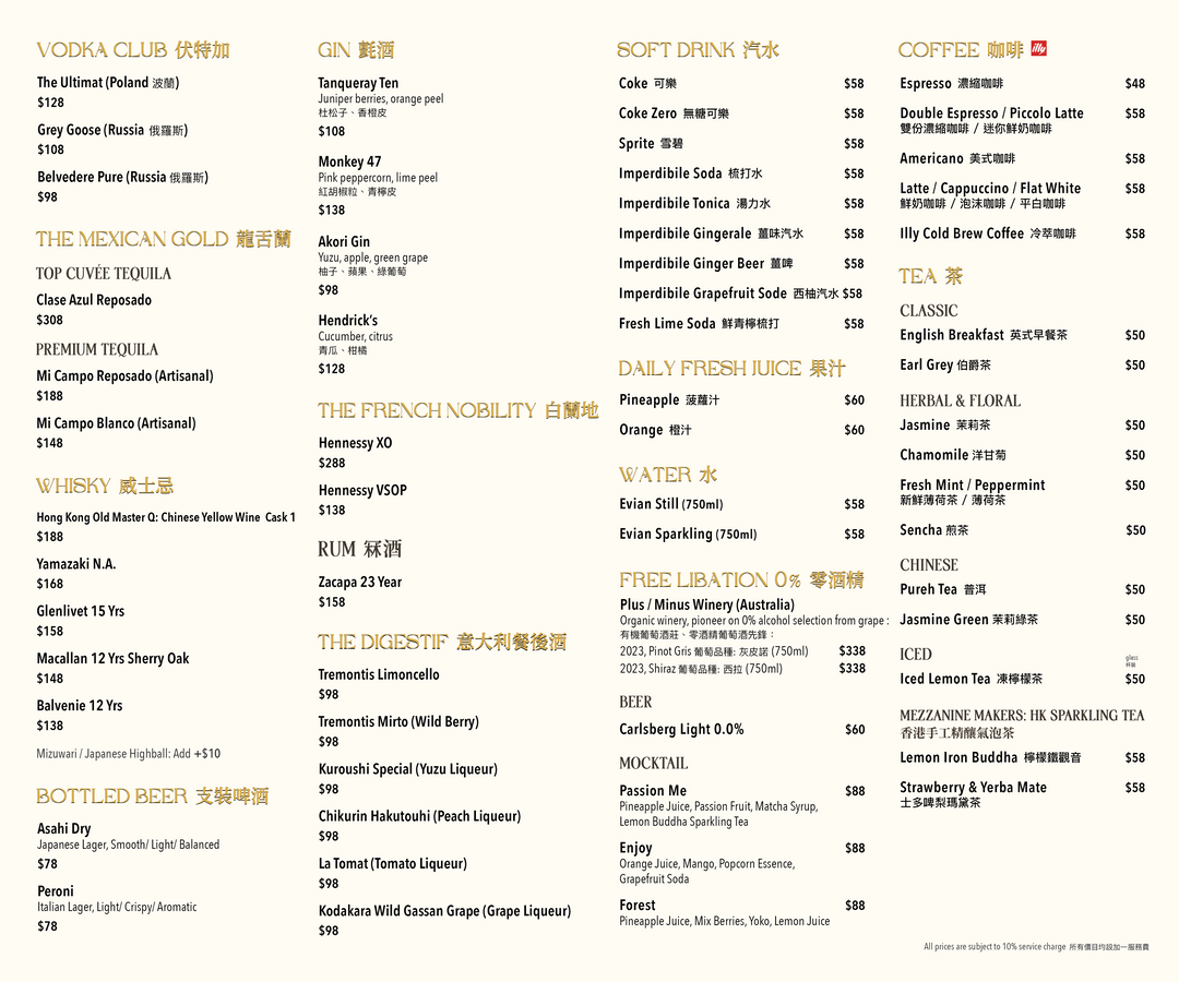 Porterhouse Drinks List